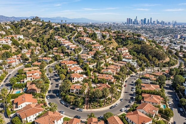 Aerial view of a Los Angeles hillside neighborhood