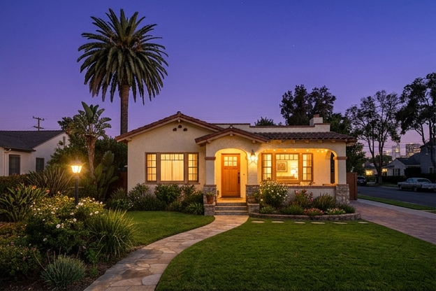 Modest Los Angeles bungalow at twilight