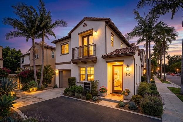 Small Los Angeles condo townhome at twilight