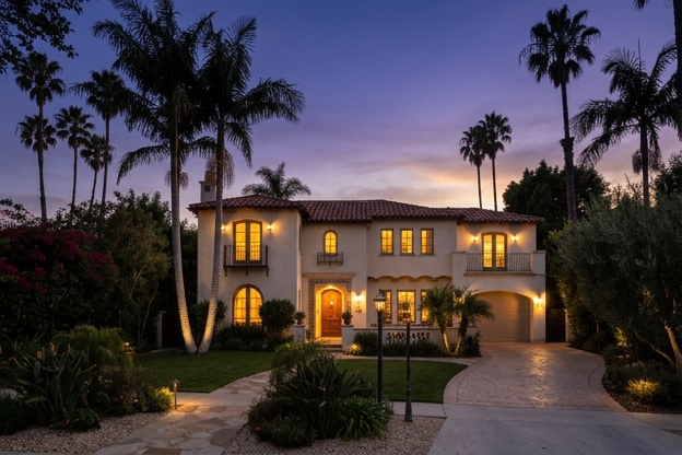 Spanish-style Los Angeles home at twilight