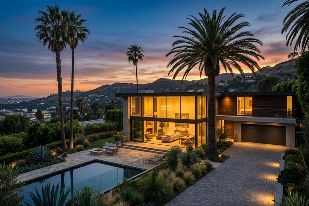 Modern Los Angeles home at twilight with warm lights