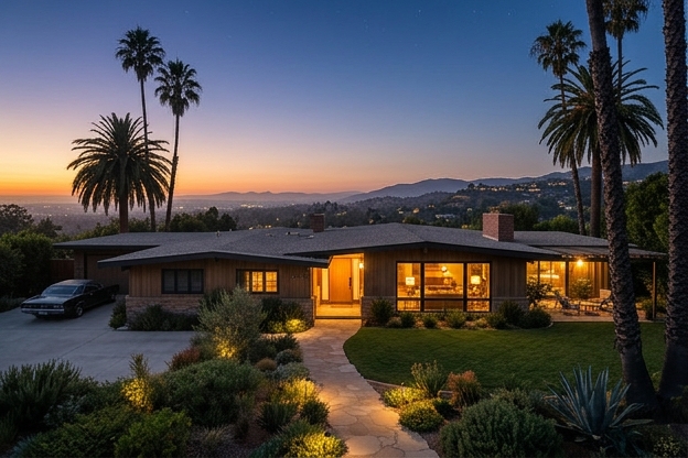 Mid-century ranch home at twilight