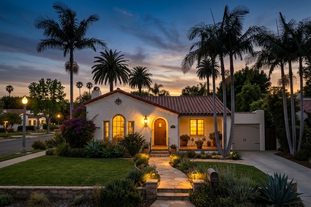 Small Spanish-style stucco home at twilight