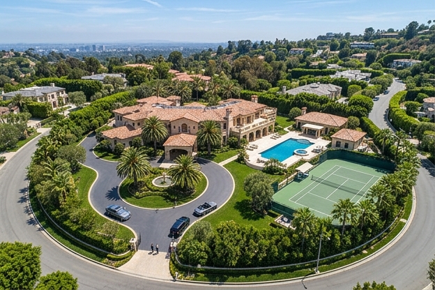 Aerial view of a luxury estate with circular driveway