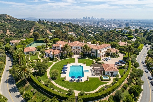 Aerial view of a home with tennis court and pool