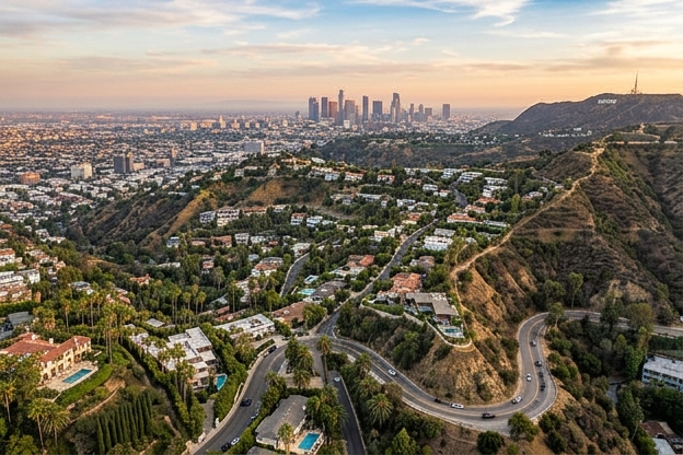 Aerial view of a hillside neighborhood