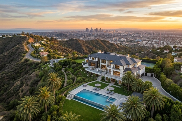 Aerial drone view of home with pool at golden hour