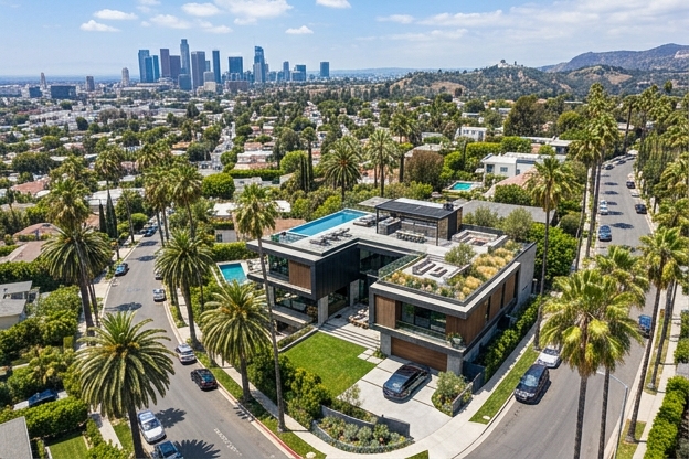 Aerial view of a modern home with rooftop deck