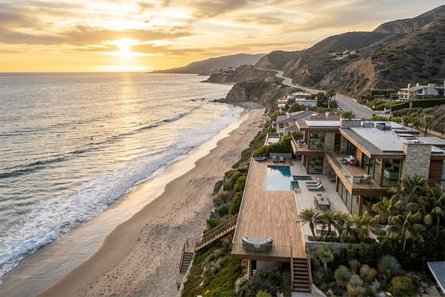 Aerial view of a waterfront home with dock