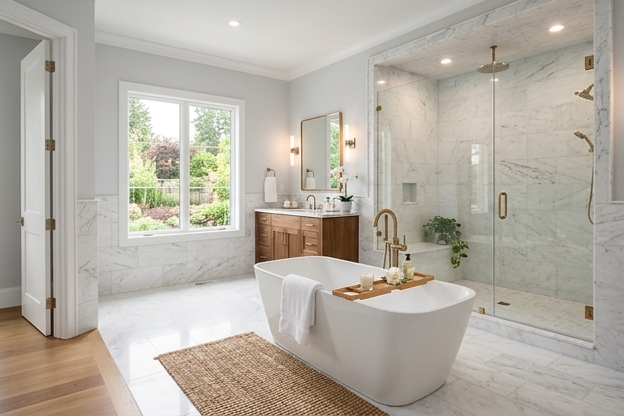 Luxury marble bathroom with freestanding tub