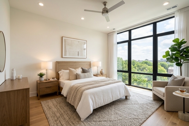 Bright staged bedroom with natural light