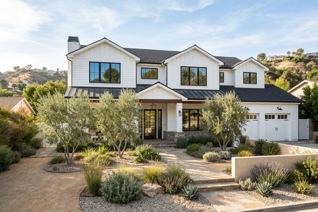 Modern farmhouse with black windows and white siding