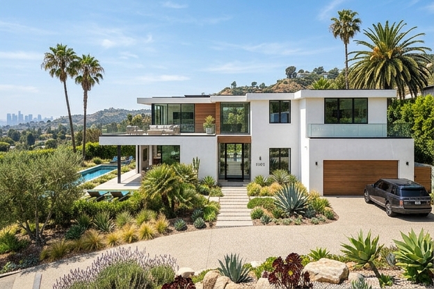 Luxury contemporary home with stone and wood facade