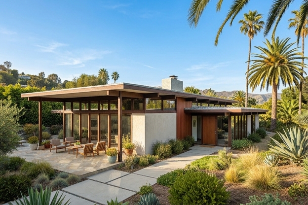 Mid-century modern home with glass windows
