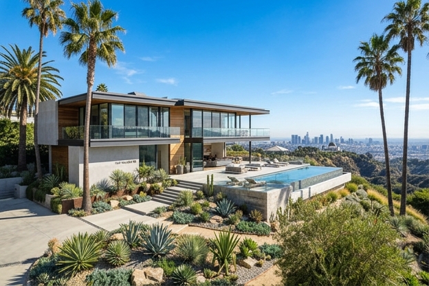 Modern single-story home exterior with landscaping