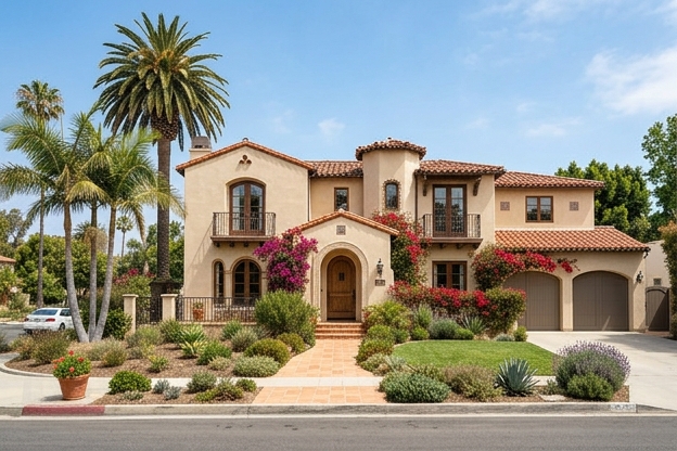 Spanish-style stucco home with terracotta roof