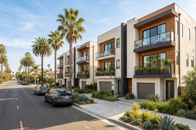 Row of modern townhomes with balconies