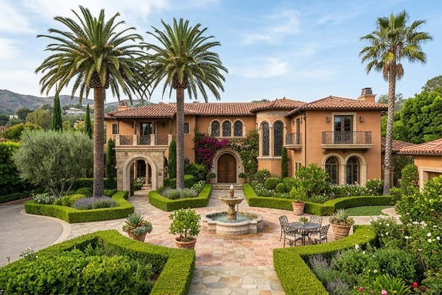 Mediterranean villa with arched entry and courtyard