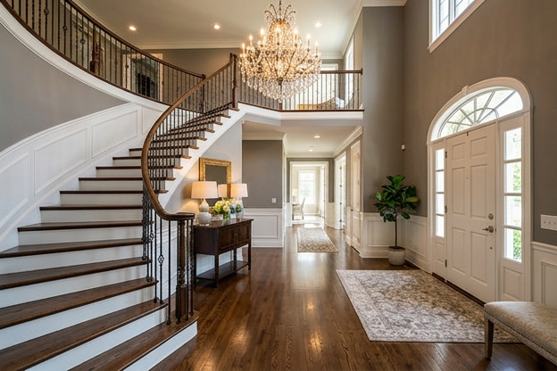 Elegant entry foyer with staircase and chandelier