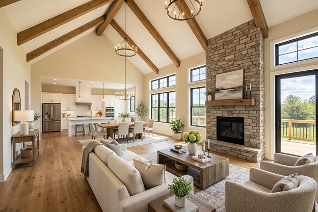 Open-concept great room with vaulted ceiling and fireplace