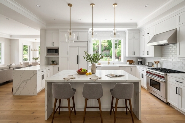 Gourmet kitchen with quartz waterfall island