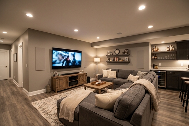 Finished basement media room with sectional
