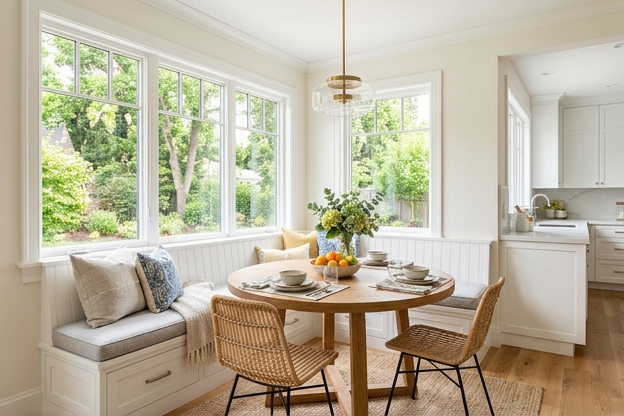 Bright breakfast nook with banquette seating