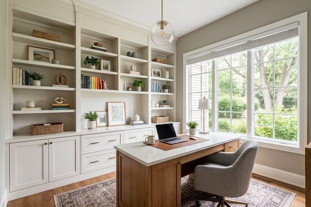Home office with built-in shelves