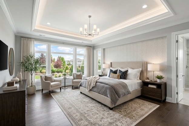 Primary suite bedroom with tray ceiling