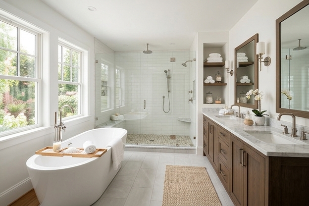 Spa-like primary bathroom with soaking tub