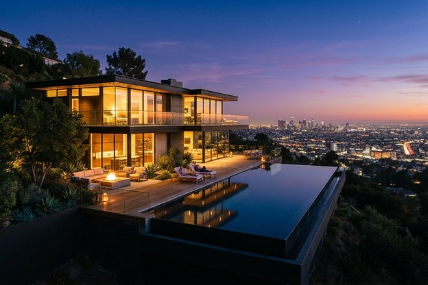 Modern home at twilight with glowing windows