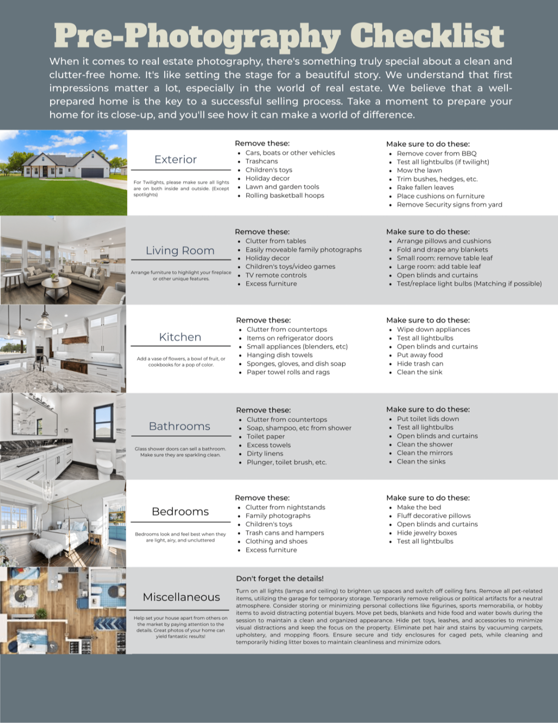 Pre-Photography Checklist for real estate shoots